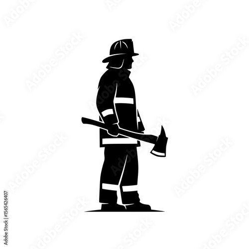Silhouette Of A Firefighter Holding An Axe Ready For Duty