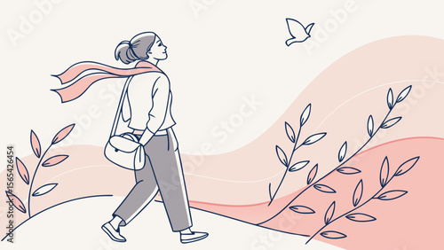 Illustration of woman walking with scarf and bag looking at bird in nature vector design concept art