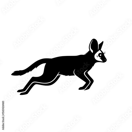 Black silhouette of a running wild dog with large ears and a bushy tail on a white background