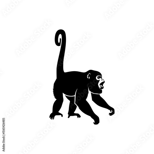A black silhouette of a monkey with an open mouth and its tail curled upwards