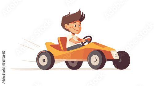 Happy Boy Driving Billy Cart - Vector Illustration