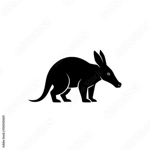 Black Silhouette of an Aardvark Standing on a White Background