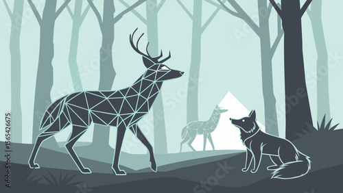 Geometric deer and fox in forest illustration with triangle patterns and nature scene design art, 100 char