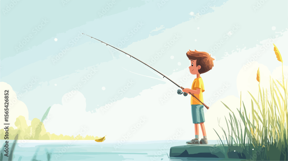 Young Boy Fishing Standing with Rod Flat Vector Illustration Young Boy Fishing Standing with Rod Flat Vector Illustration