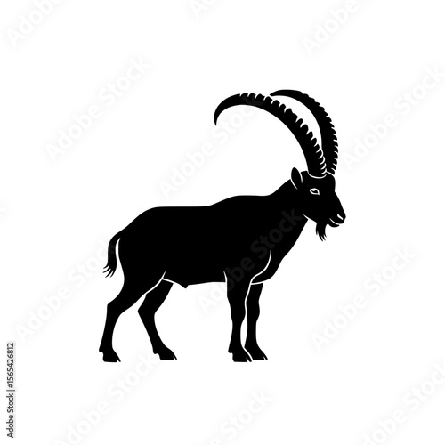 Majestic Ibex Silhouette Standing Tall with Grand Curved Horns Against White Background