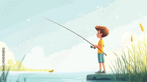 Young Boy Fishing Standing with Rod Flat Vector Illustration