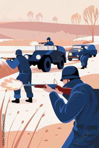 French resistance fighters ambushing a German convoy in the countryside.