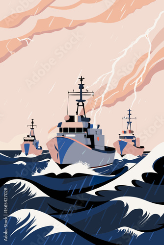 Royal Navy destroyers escorting a convoy through the stormy Atlantic.