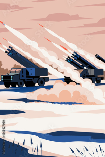 Soviet rocket launchers firing a devastating salvo at dusk.
