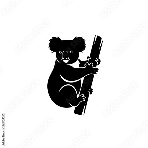 A charming black silhouette of a cute koala bear clinging to a eucalyptus branch is depicted against a white background showcasing its iconic appearance and friendly expression