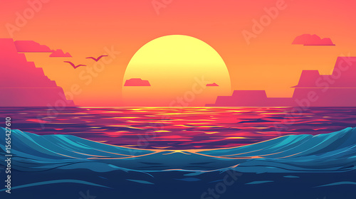 A beautiful sunset over the ocean with a large sun in the sky