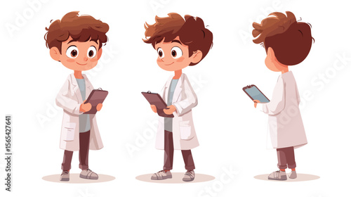 Young Boy in Lab Gown with Notebook on White Background Vector Illustration