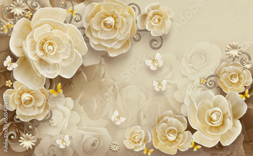 Elegant cream roses and butterflies on soft beige background, floral design concept