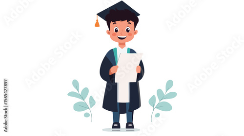Young boy in science gown holding paper on white background
