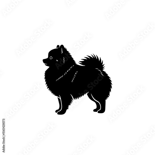 Black Silhouette of a Fluffy Small Dog Standing and Looking Sideways