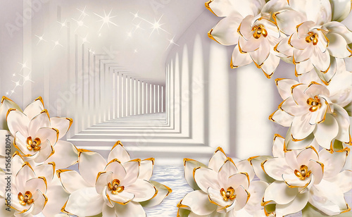 Elegant white lotus flowers with golden accents on abstract background, calming design concept