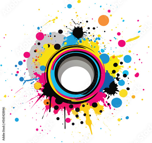 Colorful Abstract Paint Splatter Background Circular Design Element Cyan Magenta Yellow Black