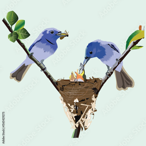A heartwarming scene depicts two parent birds, with soft blue plumage, actively feeding their hungry chicks nestled in a meticulously crafted bird's nest. 