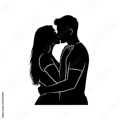 Silhouette of a couple kissing tenderly their bodies touching closely