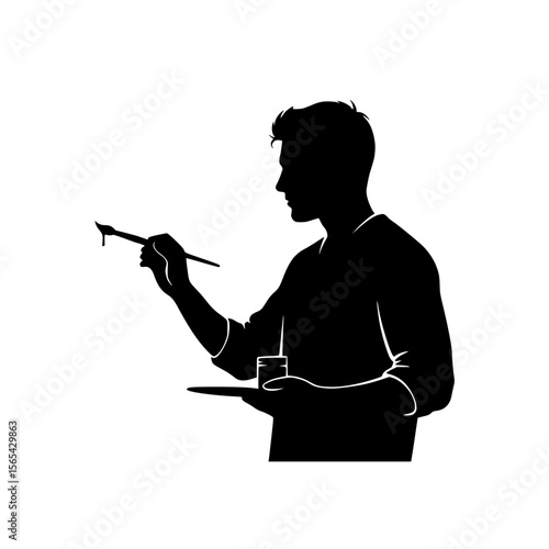 Artist Silhouetted in the Act of Painting Holding a Brush and Paint Palette