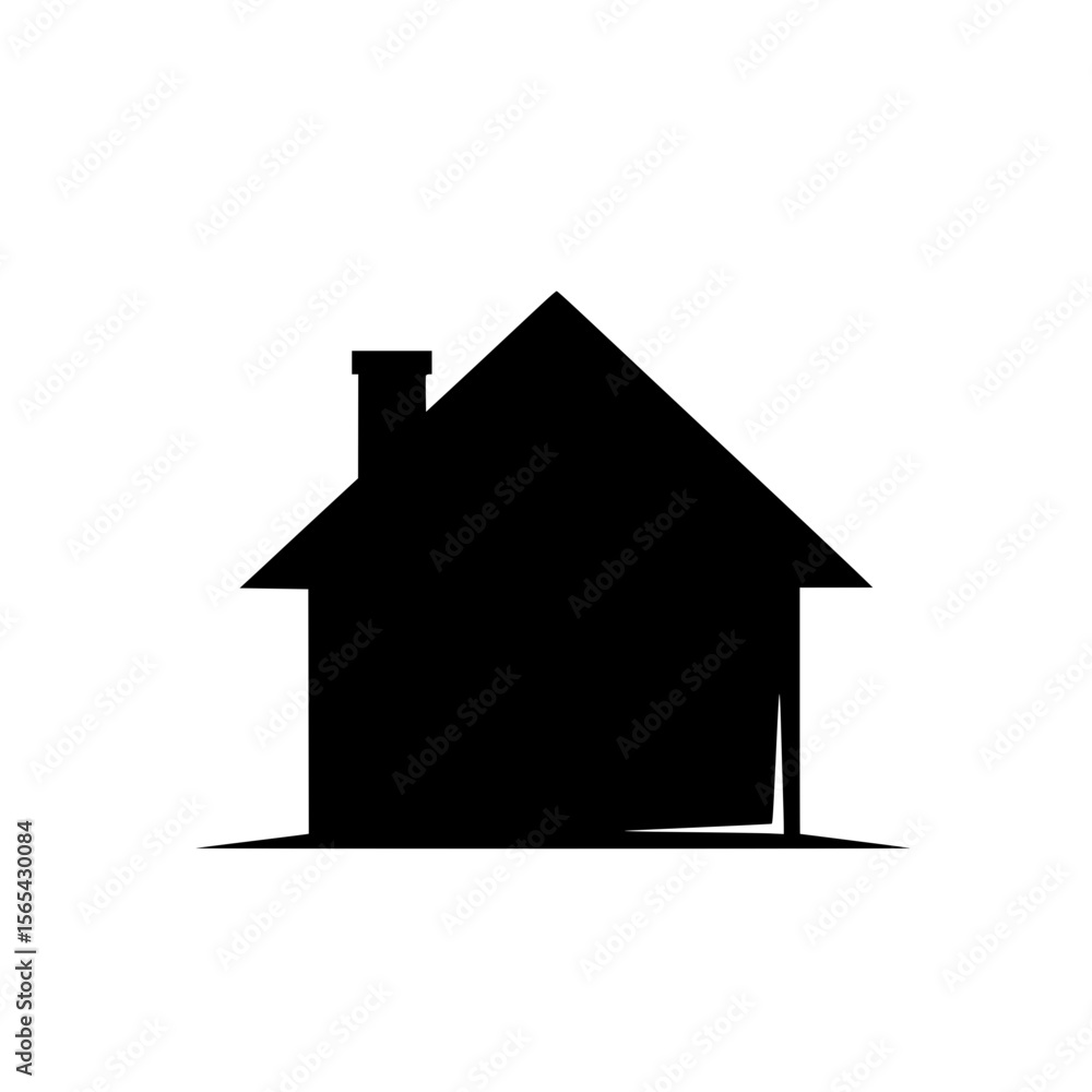 Fototapeta premium A Simple Black Silhouette of a House with a Chimney and Roofline on a White Background