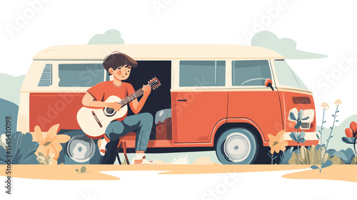 Young Boy Playing Guitar by the Van - Flat Vector Illustration