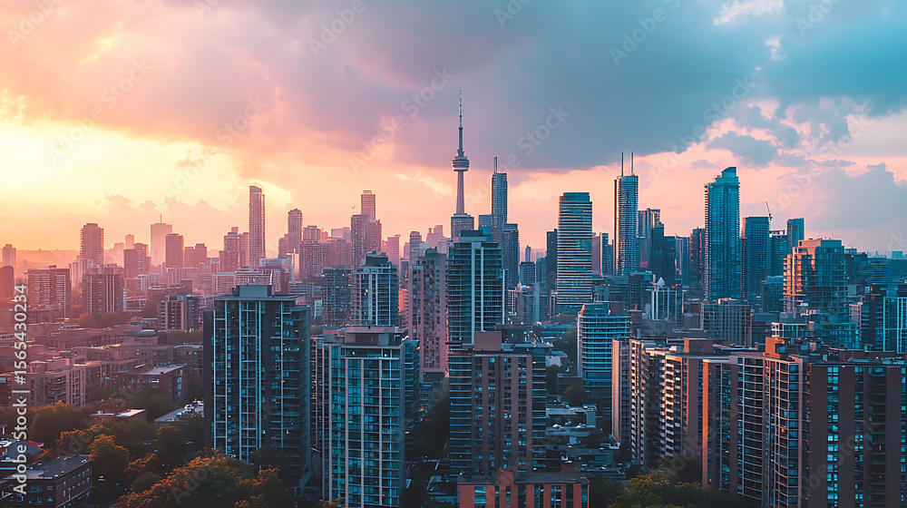 Obraz premium A city skyline with a beautiful sunset in the background