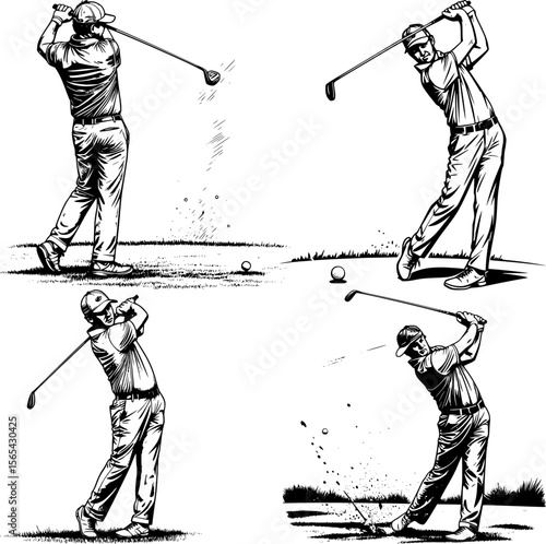 A collection of images of a golf player concentrating on swinging a club against a schematic golf course, a vector image on a transparent background.