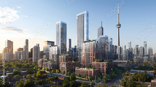 A cityscape with a tall building in the middle