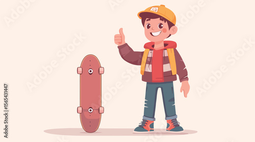 Positive Boy Thumbs Up Holding Skateboard Vector Illustration