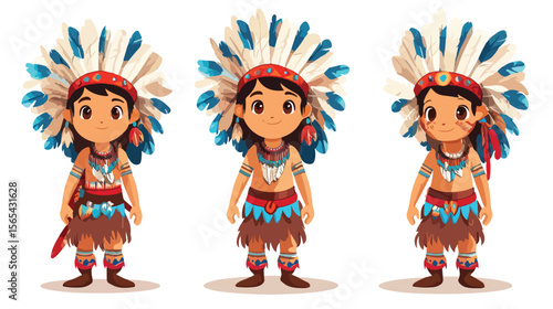 Young Boy Wearing American Indian Costume Flat Vector Illustration