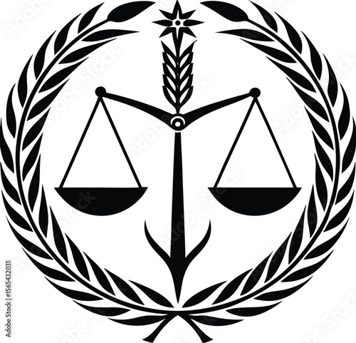 Black and White Scales of Justice Emblem with Wheat and Laurel Wreath legal
