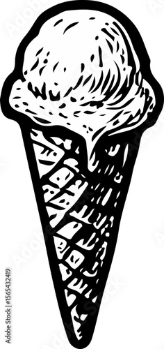 Classic ice cream cone in bold line art style, representing summer joy, sweetness, and beachside snacks