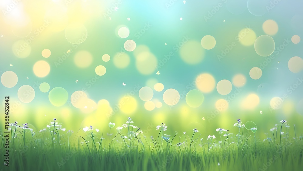 Fototapeta premium Spring Meadow with Bokeh Effect and White Flowers grass