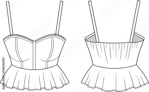 Women’s bustier peplum crop top with spaghetti straps – front and back flat fashion technical sketch for summer or casual wear.