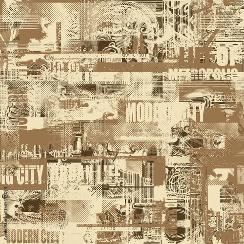 Seamless pattern with newspaper headlines, cityscapes and decorations. Abstract background with urbanism and street art theme. Wallpaper, wrapping paper, fabric, tiles, textile, t-shirt design. No AI