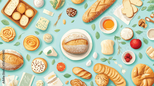 Variety of Fresh Bread Products Flat Vector Illustration