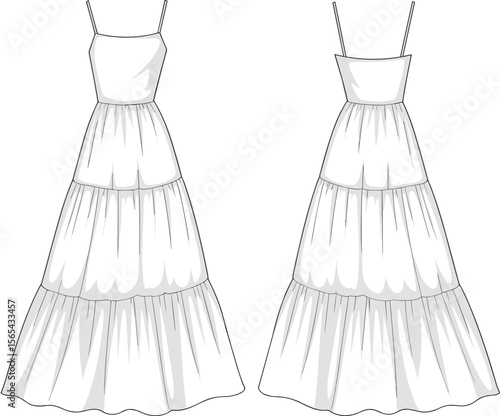 Women’s tiered maxi dress with spaghetti straps – front and back fashion flat sketch for summer resort or boho collection.