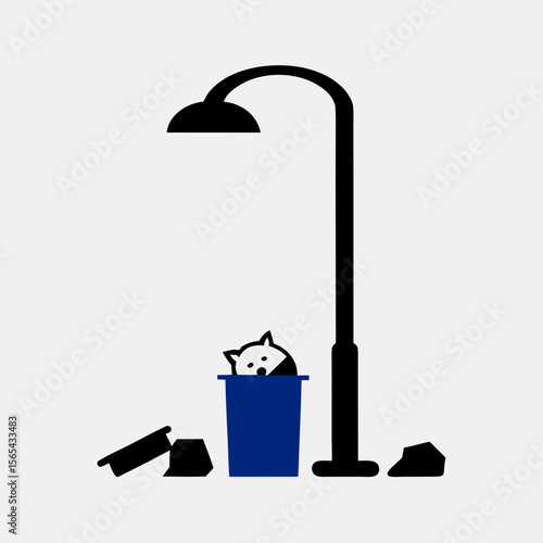 raccoon in a trash can under a lamp
