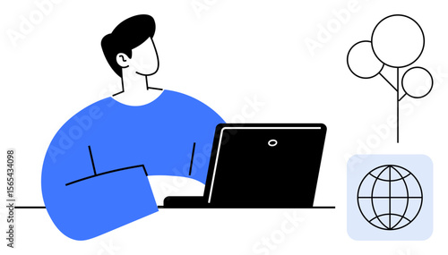 Individual focused on laptop paired with a tree and globe icon. Ideal for technology, remote work, global collaboration, environmental awareness, education, innovation, digital progress. Simple flat