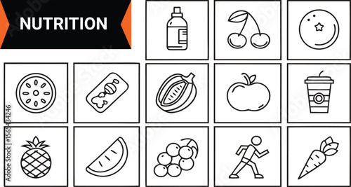 Healthy Nutrition Icons Set Featuring Food Groups, Vitamins, Supplements, Meal Planning, Diet Tracking, and Balanced Lifestyle Design Elements