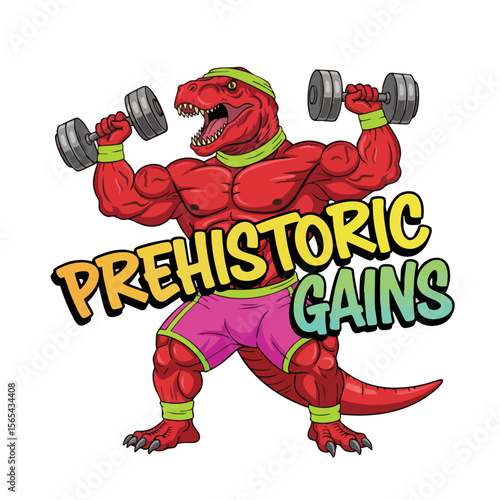 Cartoon Muscular Dinosaur Lifting Dumbbells Prehistoric Gains Fitness Mascot Character