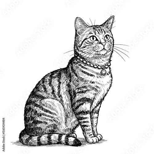 isolated, white background. Detailed sketch of a domestic cat sitting gracefully  