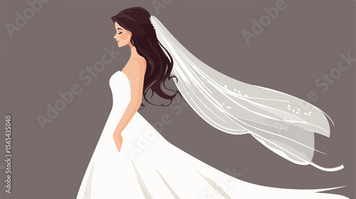 Elegant Bride Wedding Dress Flat Vector Illustration