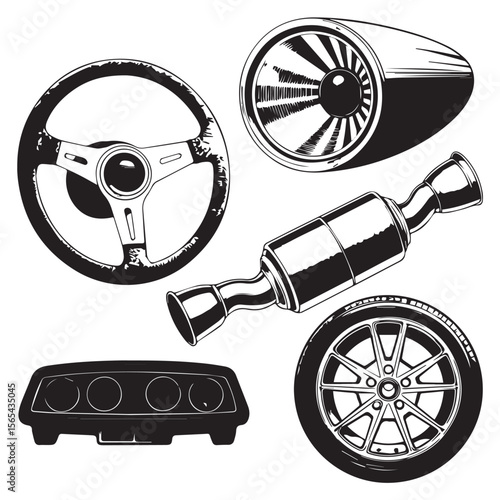 Collection of classic automotive parts including a steering wheel exhaust pipe car wheel headlights and a jet engine style air intake