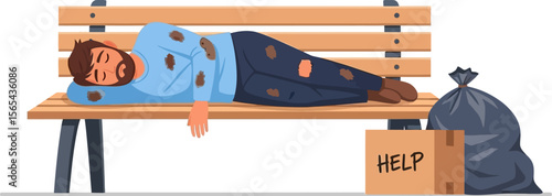 Homeless man sleeping on bench vector illustration poverty and social issues
