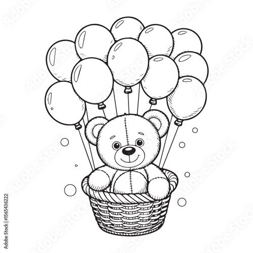 Cute cartoon teddy bear character sitting in a woven basket being lifted by a bunch of balloons in a simple line drawing style