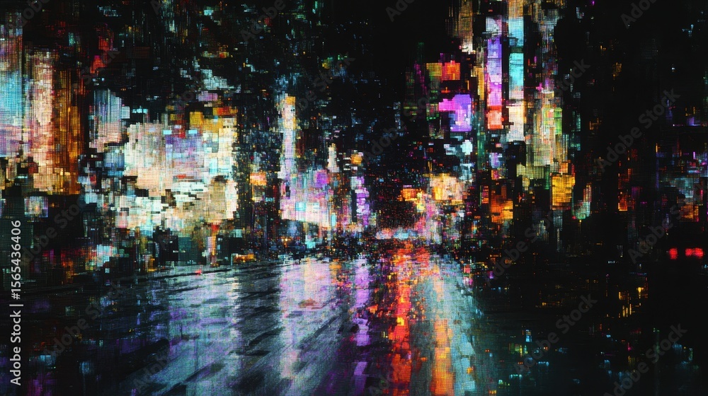 Fototapeta premium A vibrant, pixelated cityscape at night.