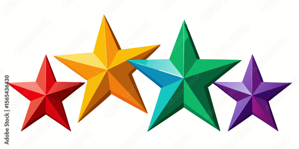 Four colorful glossy 3d stars in red yellow green and purple arranged in a row Four colorful glossy 3d stars in red yellow green and purple arranged in a row