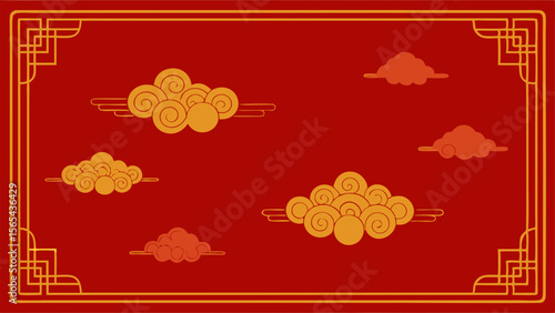 Traditional chinese auspicious clouds and decorative border on a vibrant red background